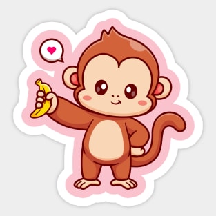 Cute Monkey Holding Banana Cartoon Sticker